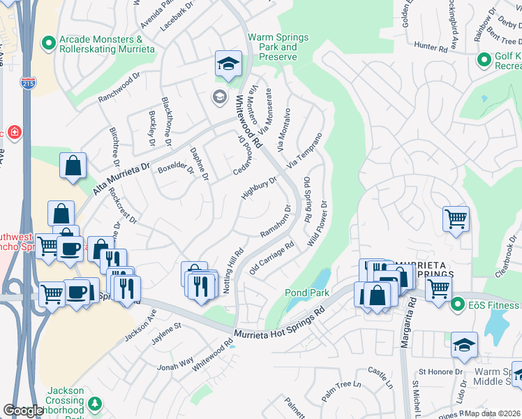 map of restaurants, bars, coffee shops, grocery stores, and more near 25725 London Court in Murrieta