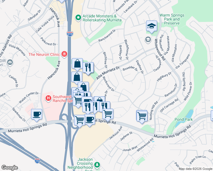 map of restaurants, bars, coffee shops, grocery stores, and more near 39632 Cholla Court in Murrieta