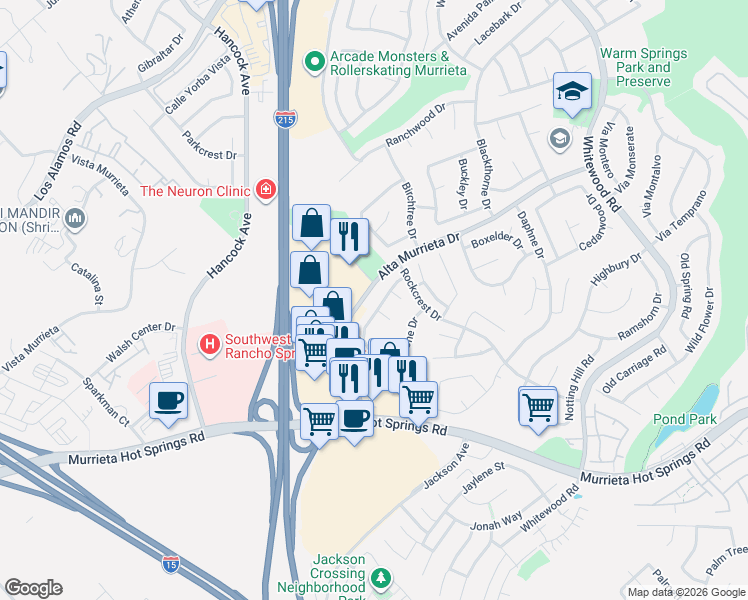 map of restaurants, bars, coffee shops, grocery stores, and more near 25276 Shadescale Drive in Murrieta
