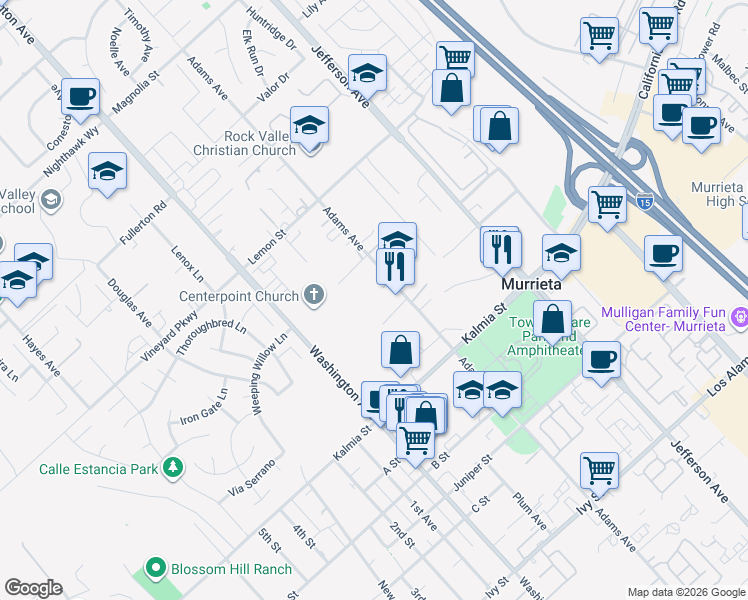 map of restaurants, bars, coffee shops, grocery stores, and more near 41780 Hutchison Court in Murrieta