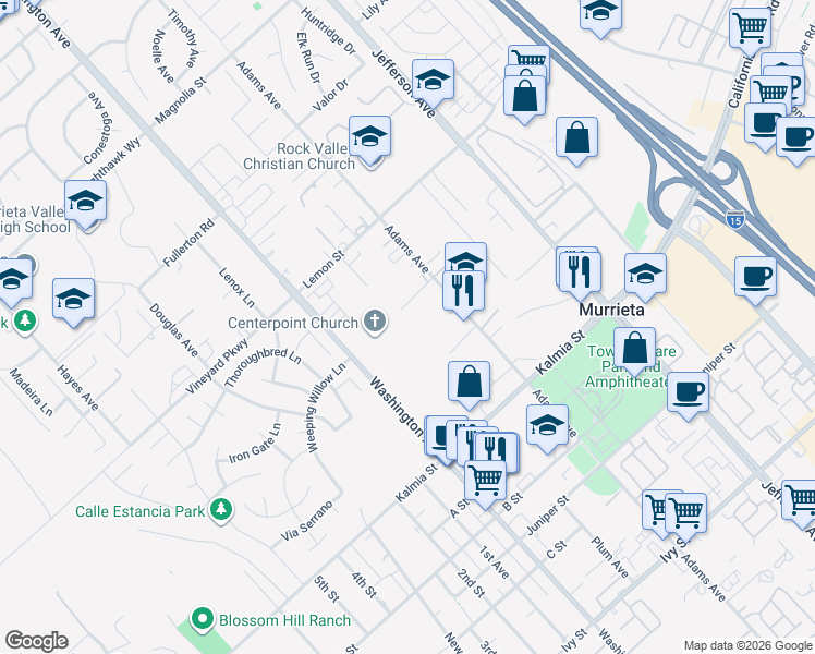 map of restaurants, bars, coffee shops, grocery stores, and more near 41802 Hutchison Court in Murrieta