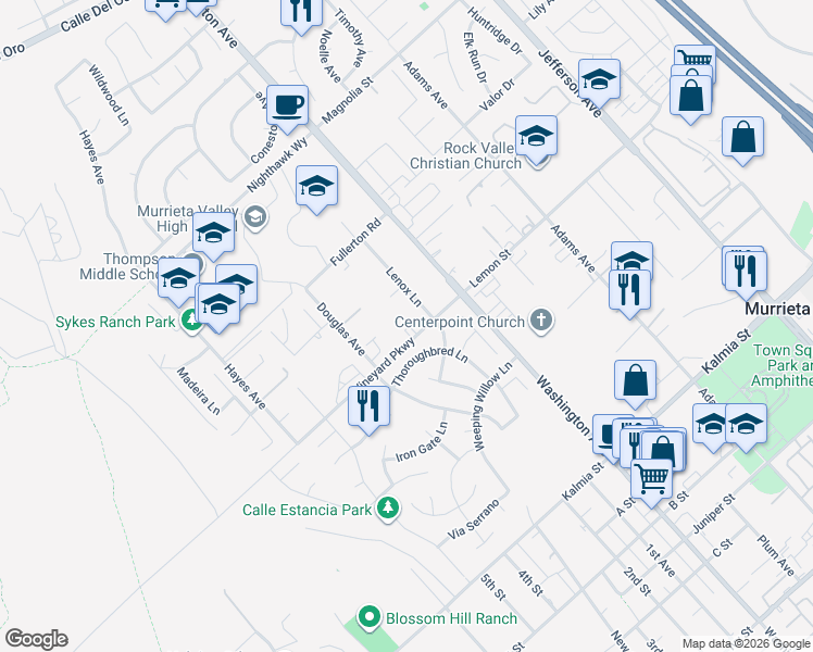 map of restaurants, bars, coffee shops, grocery stores, and more near 24285 Lenox Lane in Murrieta