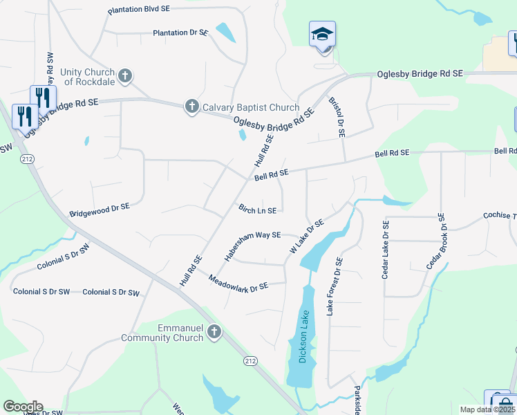 map of restaurants, bars, coffee shops, grocery stores, and more near 416 Birch Lane Southeast in Conyers