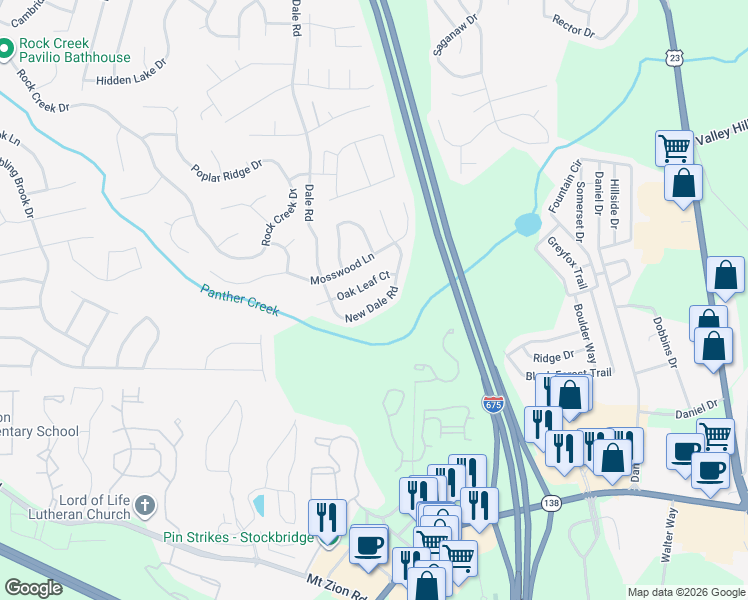 map of restaurants, bars, coffee shops, grocery stores, and more near 7164 New Dale Road in Rex