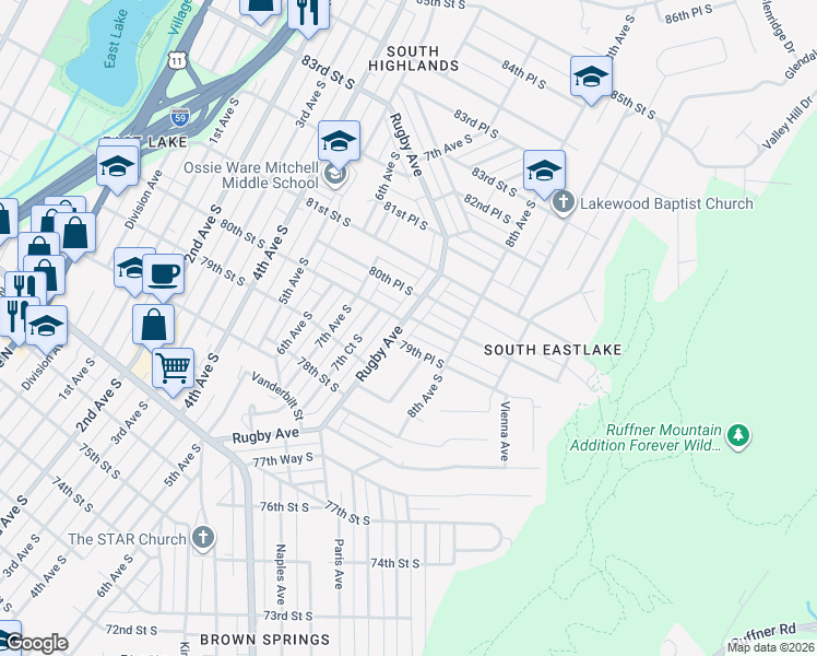 map of restaurants, bars, coffee shops, grocery stores, and more near 8000 Rugby Avenue in Birmingham