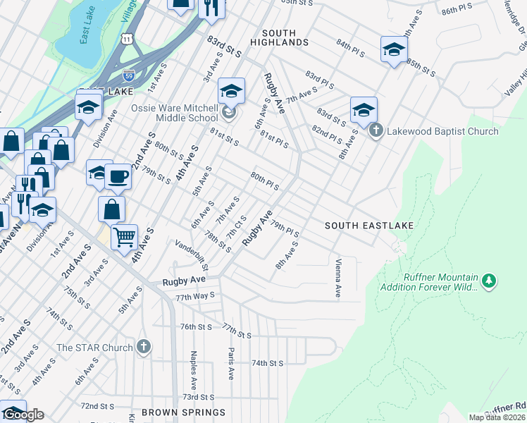 map of restaurants, bars, coffee shops, grocery stores, and more near 8000 Rugby Avenue in Birmingham