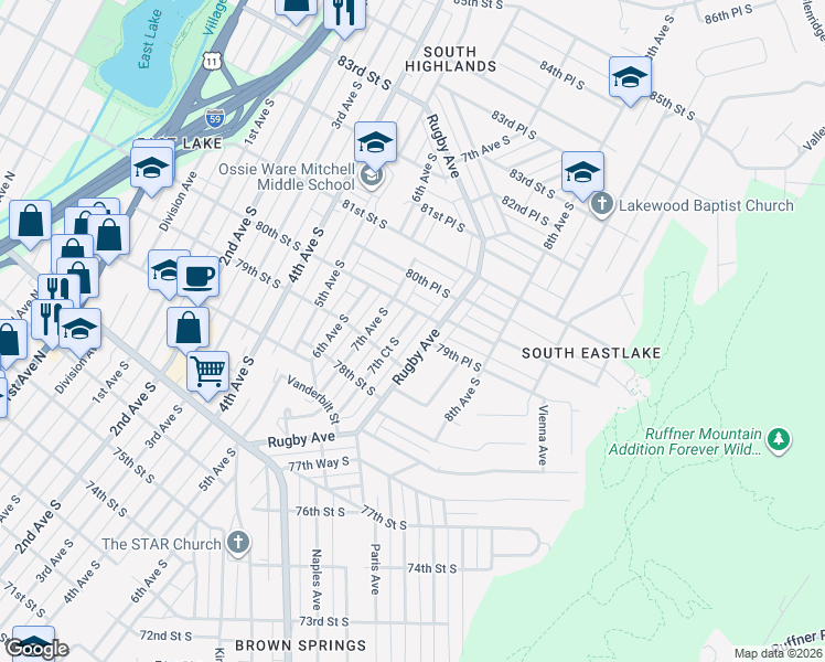 map of restaurants, bars, coffee shops, grocery stores, and more near 7920 7th Court South in Birmingham