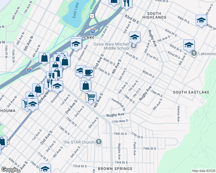 map of restaurants, bars, coffee shops, grocery stores, and more near 7817 4th Avenue South in Birmingham