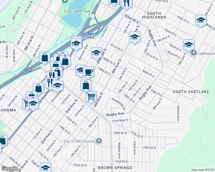 map of restaurants, bars, coffee shops, grocery stores, and more near 7817 4th Avenue South in Birmingham