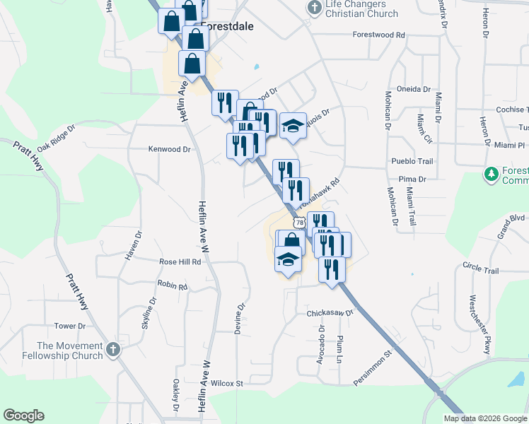 map of restaurants, bars, coffee shops, grocery stores, and more near 1308 Forestdale Boulevard in Birmingham