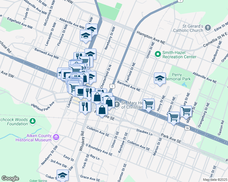map of restaurants, bars, coffee shops, grocery stores, and more near 120 York Street Northeast in Aiken