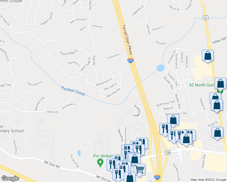 map of restaurants, bars, coffee shops, grocery stores, and more near 7164 New Dale Road in Rex