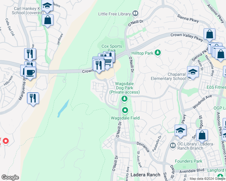 map of restaurants, bars, coffee shops, grocery stores, and more near 10 Westcott Lane in Mission Viejo