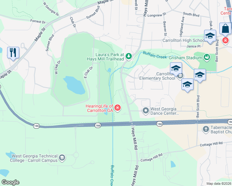 map of restaurants, bars, coffee shops, grocery stores, and more near 705 Hays Mill Road in Carrollton