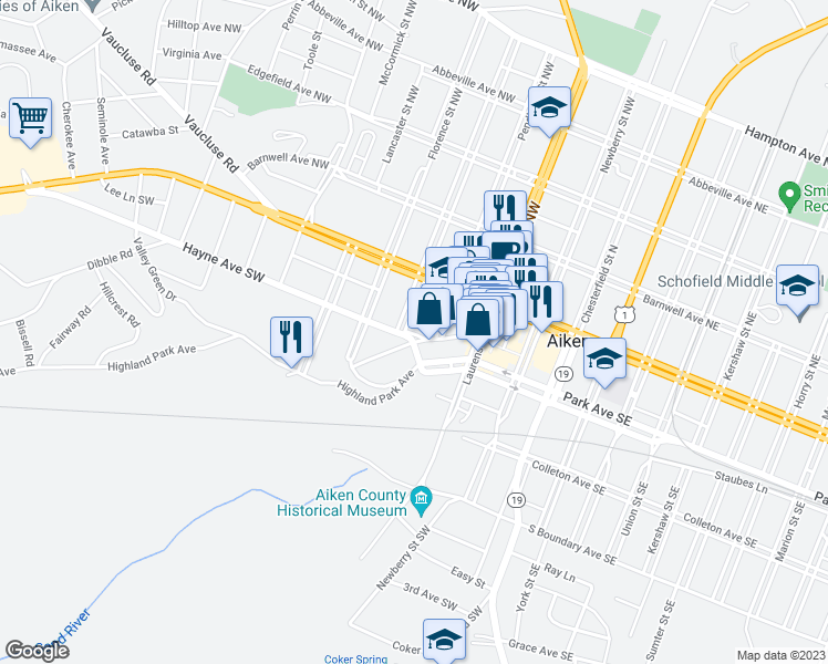 map of restaurants, bars, coffee shops, grocery stores, and more near 424 Hayne Avenue in Aiken