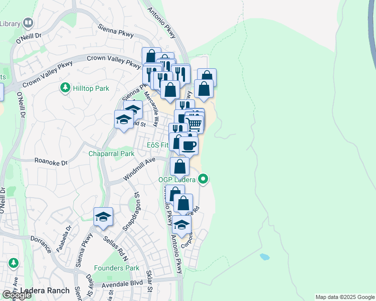 map of restaurants, bars, coffee shops, grocery stores, and more near 27702 Antonio Parkway in Ladera Ranch