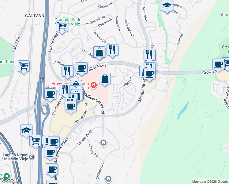 map of restaurants, bars, coffee shops, grocery stores, and more near 27683 Aquamarine in Mission Viejo