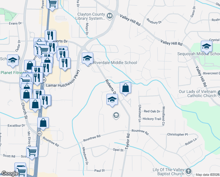 map of restaurants, bars, coffee shops, grocery stores, and more near 7075 Williamsburg Drive in Riverdale