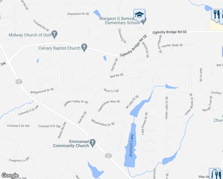 map of restaurants, bars, coffee shops, grocery stores, and more near 430 Birch Lane Southeast in Conyers