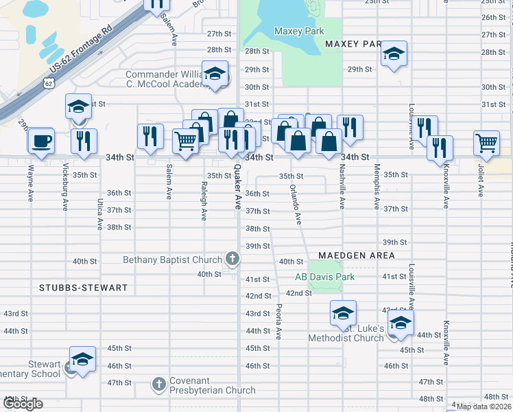 map of restaurants, bars, coffee shops, grocery stores, and more near 4221 36th Street in Lubbock