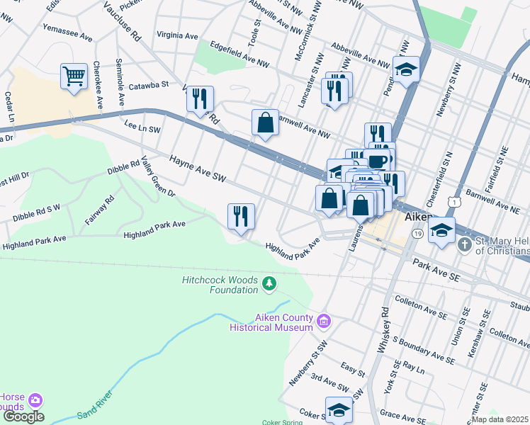 map of restaurants, bars, coffee shops, grocery stores, and more near 222 Lancaster Street Southwest in Aiken