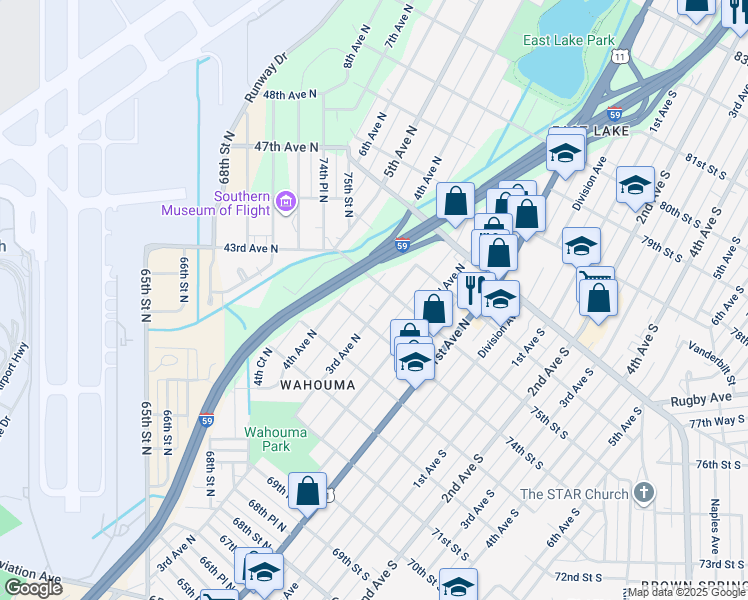 map of restaurants, bars, coffee shops, grocery stores, and more near 7420 3rd Avenue North in Birmingham