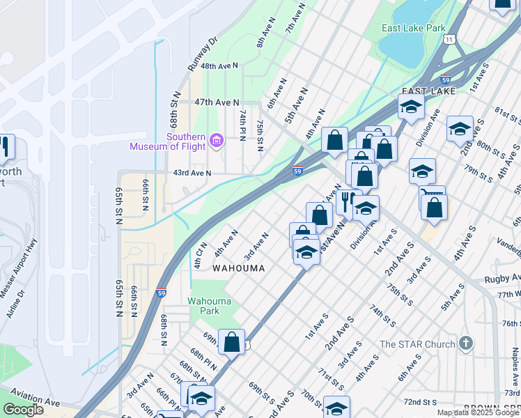 map of restaurants, bars, coffee shops, grocery stores, and more near 7405 4th Avenue North in Birmingham
