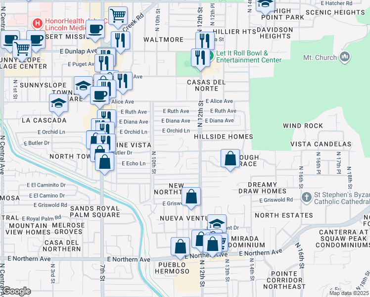 map of restaurants, bars, coffee shops, grocery stores, and more near 8518 North 12th Street in Phoenix