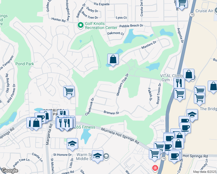 map of restaurants, bars, coffee shops, grocery stores, and more near 38422 Clearbrook Drive in Murrieta