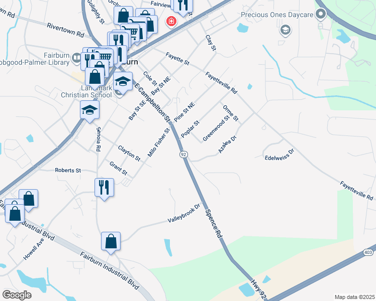 map of restaurants, bars, coffee shops, grocery stores, and more near 300 East Campbellton Street in Fairburn