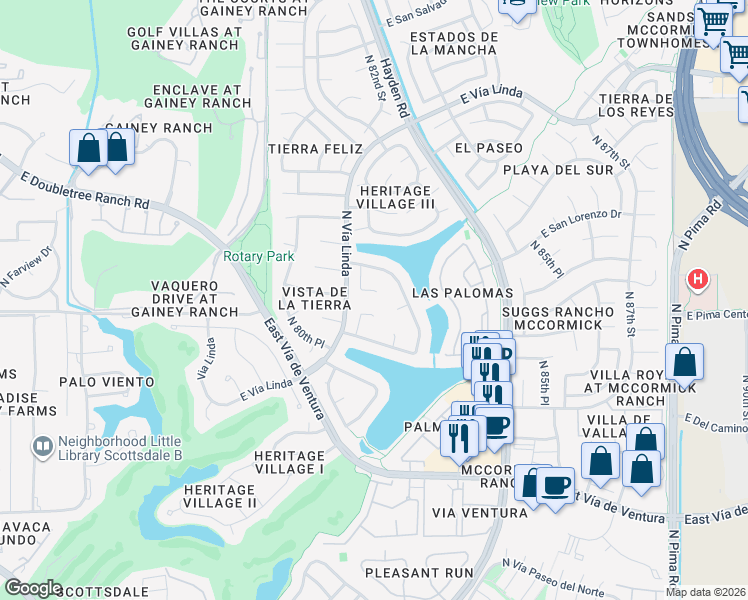 map of restaurants, bars, coffee shops, grocery stores, and more near 8205 East Del Cristal Drive in Scottsdale