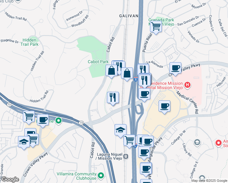 map of restaurants, bars, coffee shops, grocery stores, and more near 26081 Getty Drive in Laguna Niguel