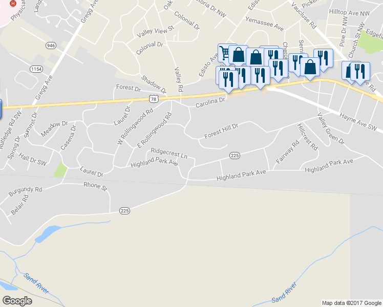 map of restaurants, bars, coffee shops, grocery stores, and more near 1618 Ridgecrest Lane in Aiken