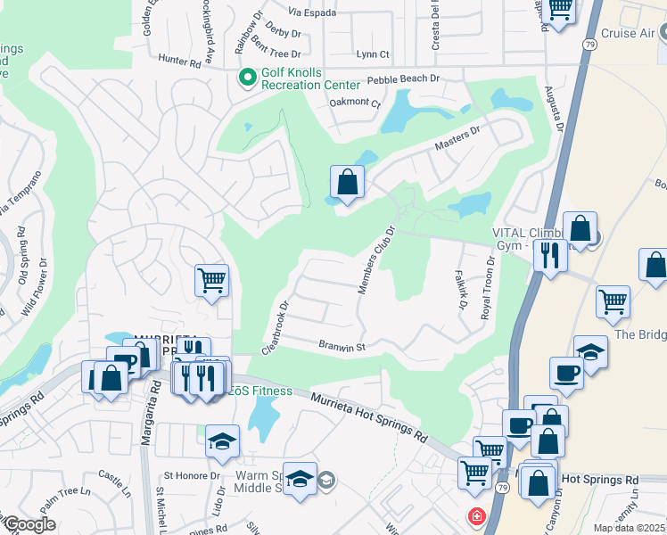 map of restaurants, bars, coffee shops, grocery stores, and more near 38422 Clearbrook Drive in Murrieta