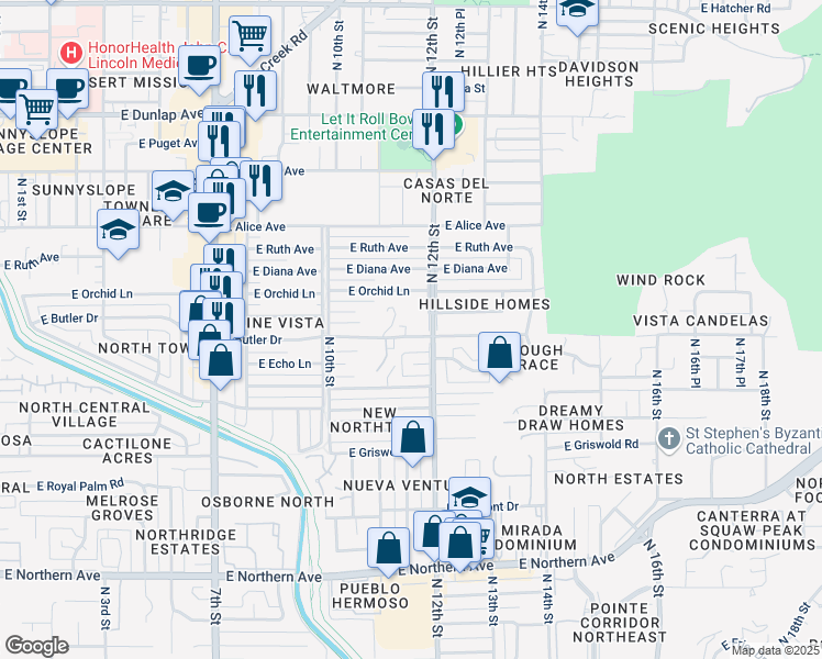 map of restaurants, bars, coffee shops, grocery stores, and more near 1130 East Butler Drive in Phoenix