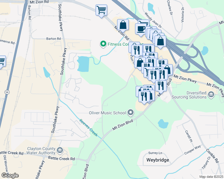 map of restaurants, bars, coffee shops, grocery stores, and more near 7147 Mount Zion Circle in Morrow