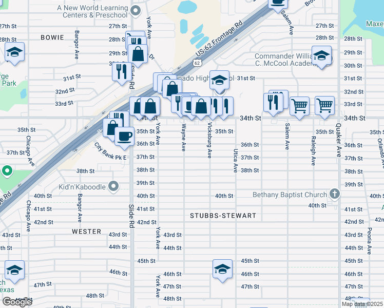 map of restaurants, bars, coffee shops, grocery stores, and more near 4918 37th Street in Lubbock