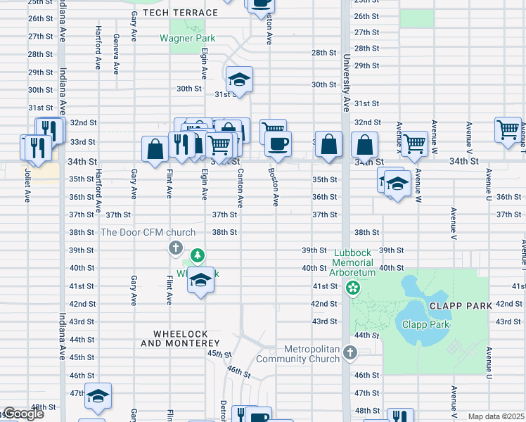 map of restaurants, bars, coffee shops, grocery stores, and more near 2710 37th Street in Lubbock