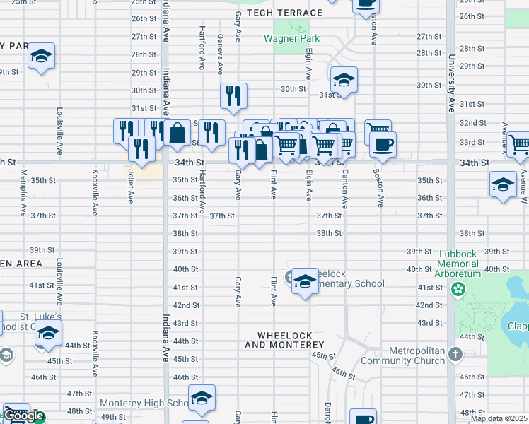 map of restaurants, bars, coffee shops, grocery stores, and more near 3106 37th Street in Lubbock