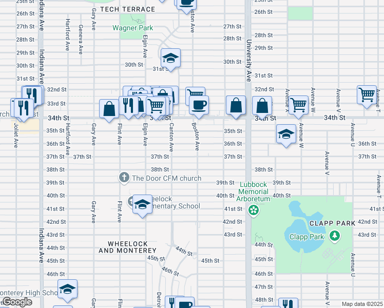 map of restaurants, bars, coffee shops, grocery stores, and more near 2706 37th Street in Lubbock