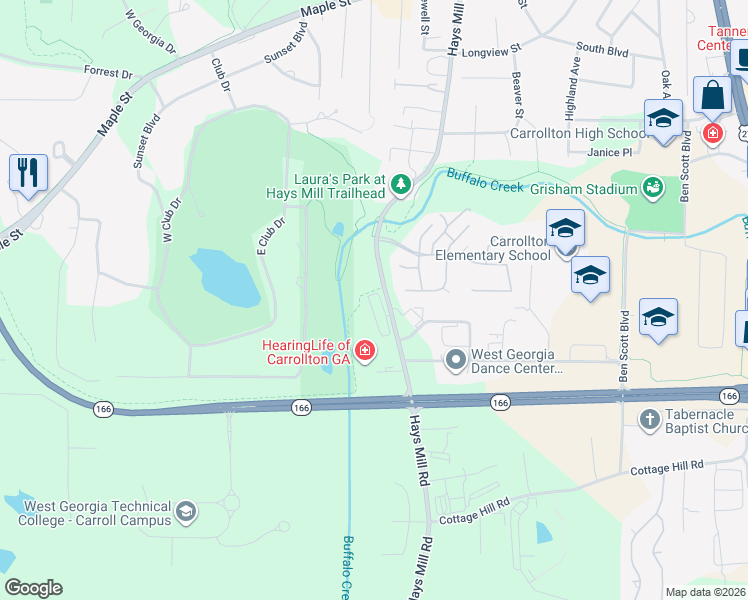 map of restaurants, bars, coffee shops, grocery stores, and more near 705 Hays Mill Road in Carrollton