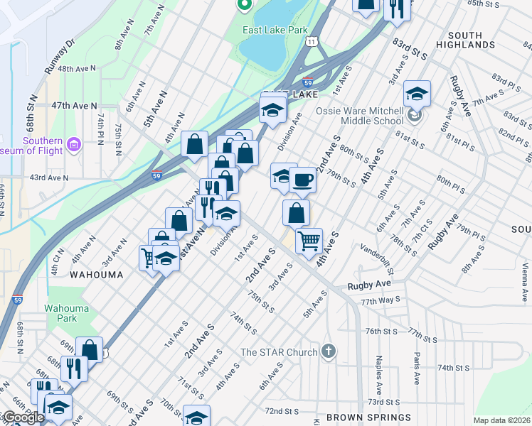 map of restaurants, bars, coffee shops, grocery stores, and more near 7720 1st Avenue South in Birmingham