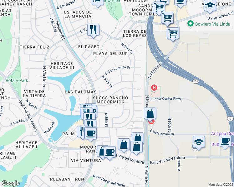 map of restaurants, bars, coffee shops, grocery stores, and more near 8601 East San Felipe Drive in Scottsdale