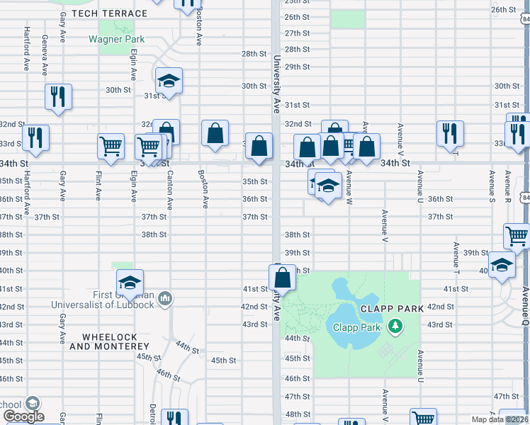 map of restaurants, bars, coffee shops, grocery stores, and more near 2504 37th Street in Lubbock