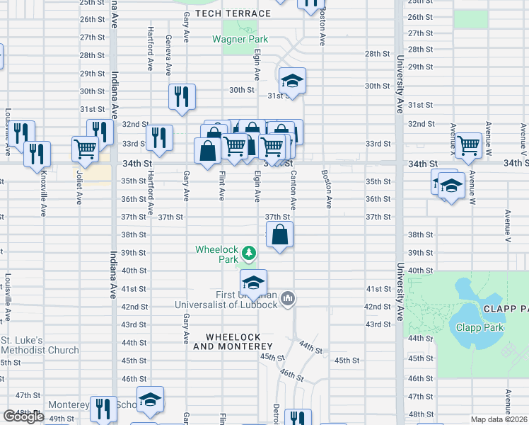 map of restaurants, bars, coffee shops, grocery stores, and more near 2816 37th Street in Lubbock