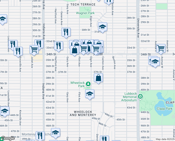 map of restaurants, bars, coffee shops, grocery stores, and more near 3008 37th Street in Lubbock