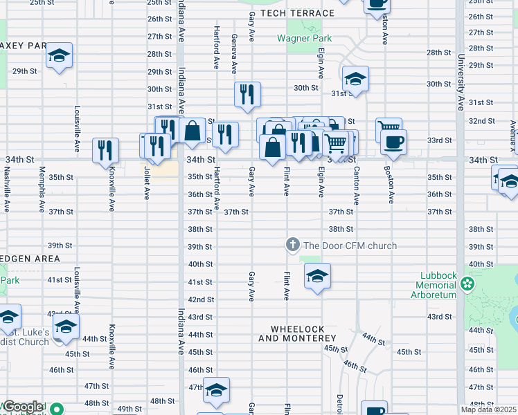 map of restaurants, bars, coffee shops, grocery stores, and more near 3118 37th Street in Lubbock