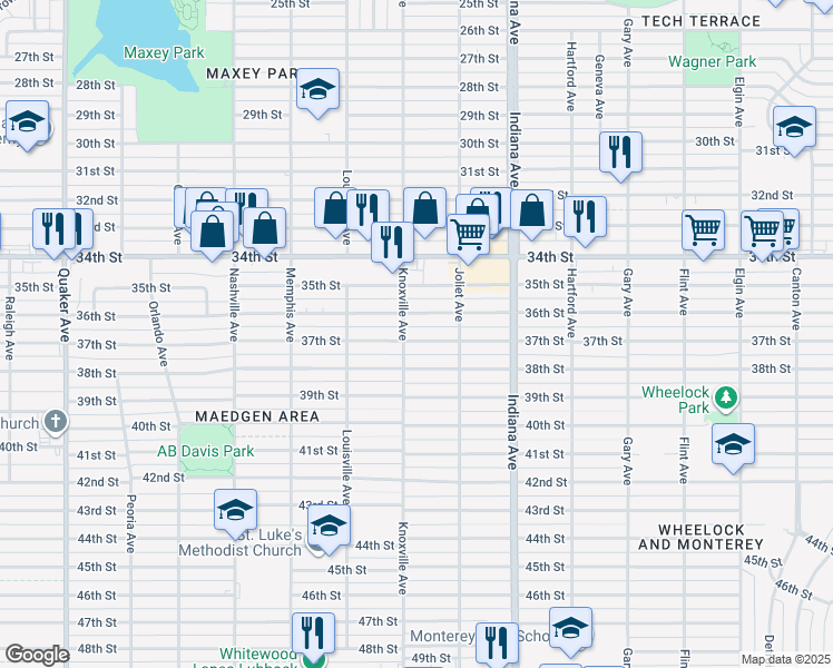 map of restaurants, bars, coffee shops, grocery stores, and more near 3518 37th Street in Lubbock