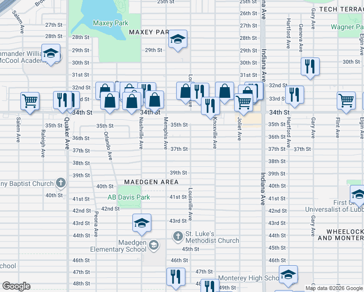 map of restaurants, bars, coffee shops, grocery stores, and more near 3706 37th Street in Lubbock