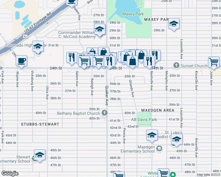 map of restaurants, bars, coffee shops, grocery stores, and more near 4221 36th Street in Lubbock